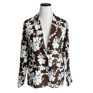 Land’s End 100% Linen Brown/White Floral Print Womens Blazer Classic Size 10